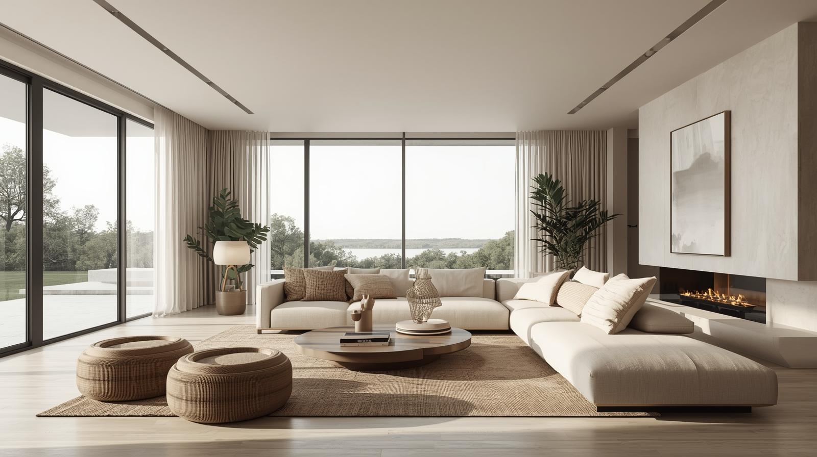 Luxury villa interior in Bangalore with earthy tones, natural lighting, and minimalist furniture.”